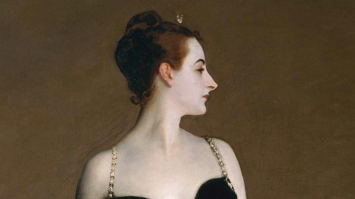 painting of woman with hair in bun wearing dress